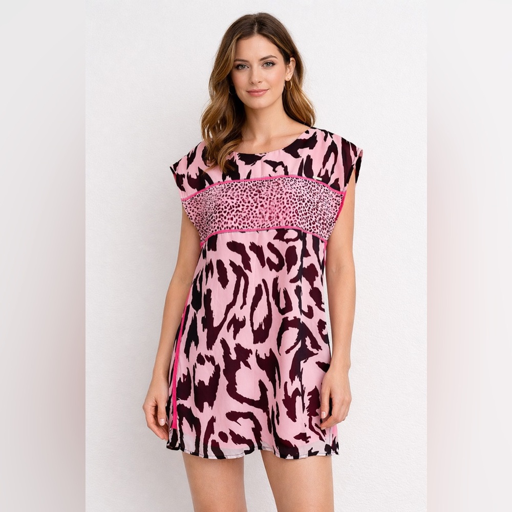 Waggon Paris Pink Black Animal Mix Print Shift Sheath Mini Dress SMALL Silk